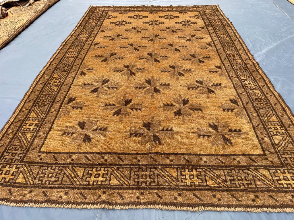 5x8 ft Brown Vintage Handwoven Tribal Wool Geometric Carpet - Living Room Carpet