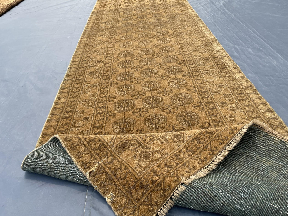 3×13 Ft Vintage Afghan Handmade Wool Hallway Runner, Distressed Brown Antique Tribal Carpet, Long Corridor Rug