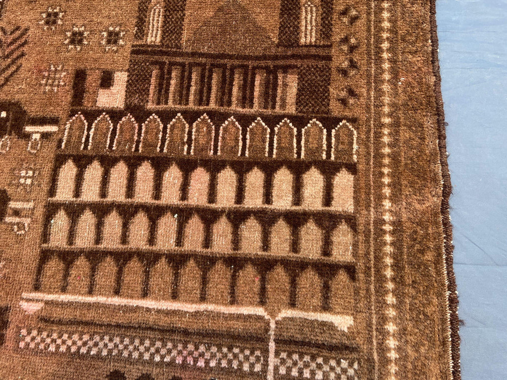 3×4.4 Ft Vintage Afghan Baluchi Rug, Handmade Wool Tribal Area Rug, Brown Geometric Carpet, Rustic Boho Decor