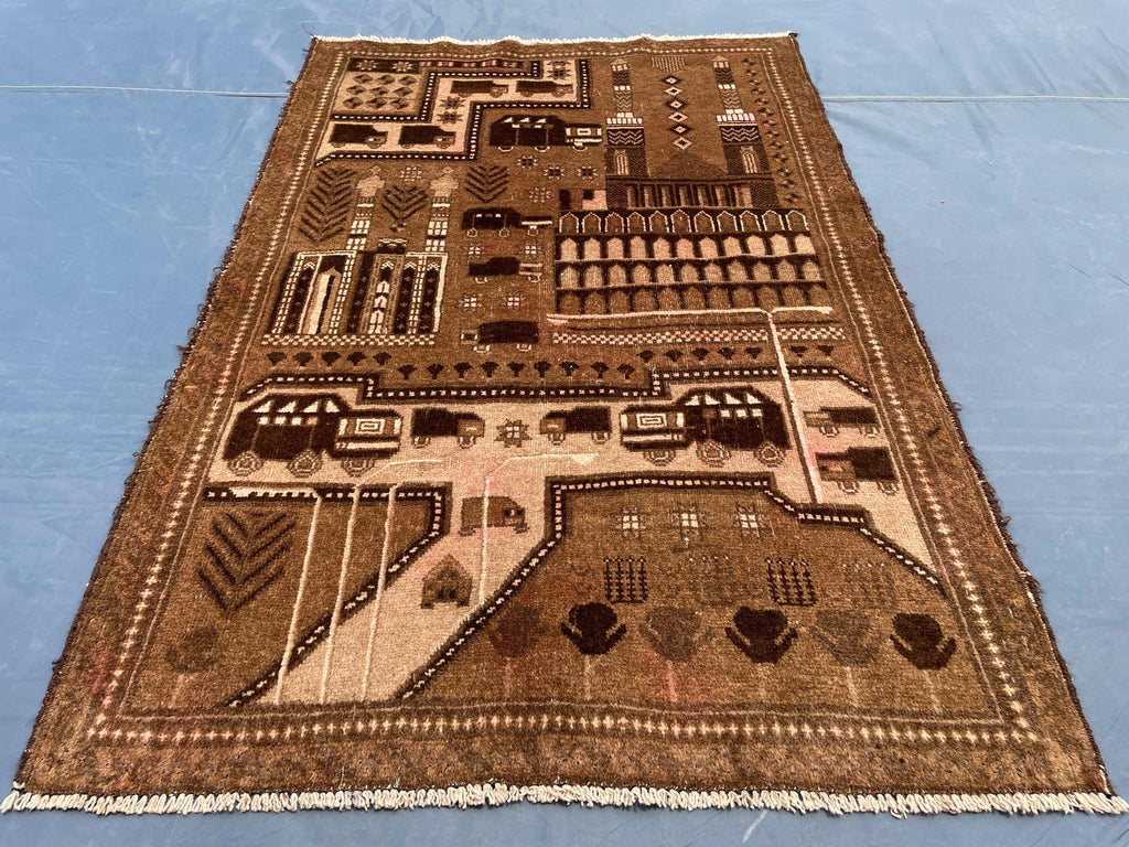 3×4.4 Ft Vintage Afghan Baluchi Rug, Handmade Wool Tribal Area Rug, Brown Geometric Carpet, Rustic Boho Decor