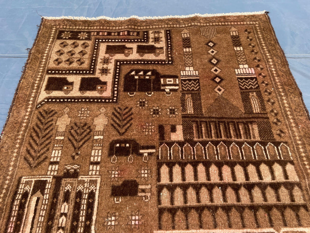 3×4.4 Ft Vintage Afghan Baluchi Rug, Handmade Wool Tribal Area Rug, Brown Geometric Carpet, Rustic Boho Decor