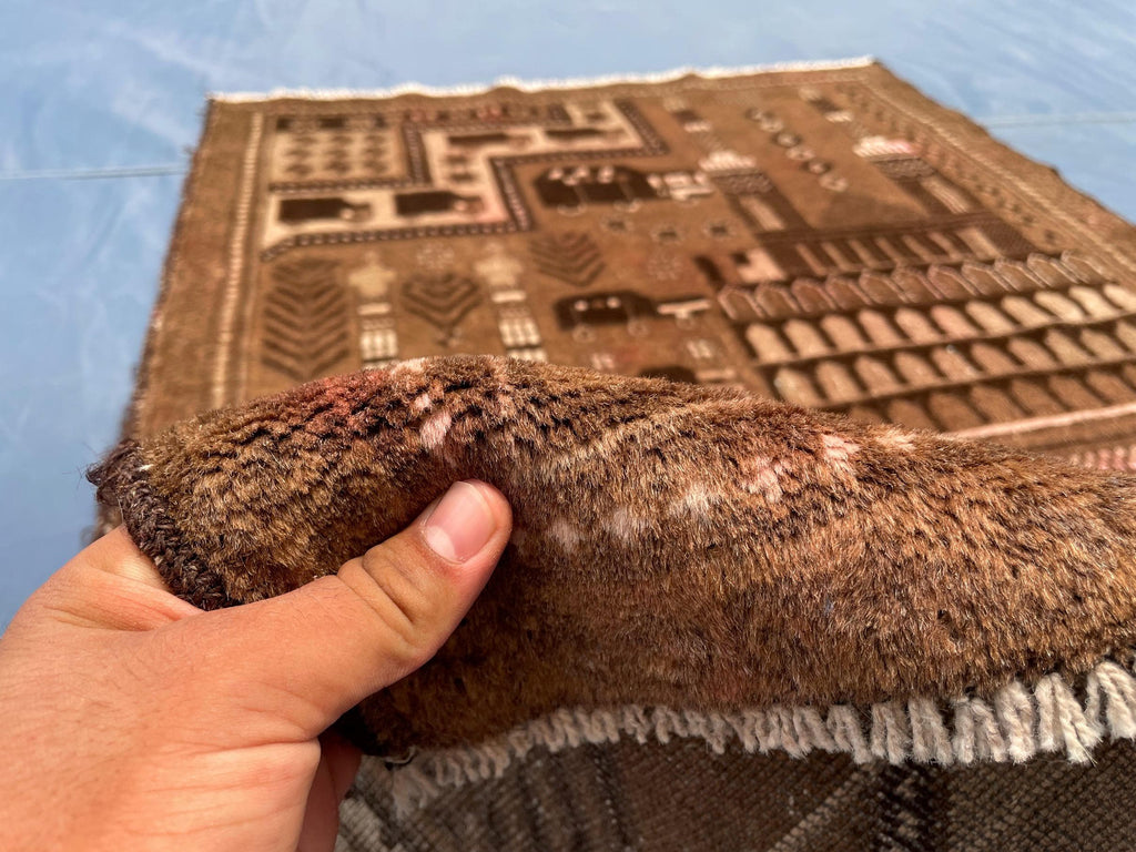 3×4.4 Ft Vintage Afghan Baluchi Rug, Handmade Wool Tribal Area Rug, Brown Geometric Carpet, Rustic Boho Decor