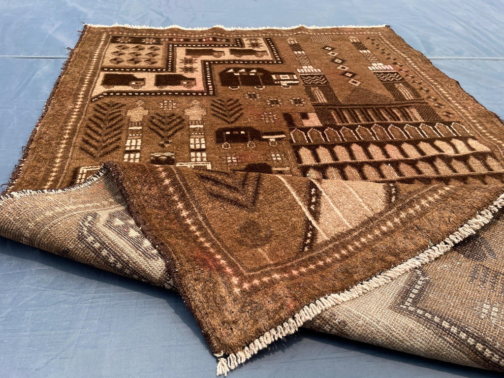 3×4.4 Ft Vintage Afghan Baluchi Rug, Handmade Wool Tribal Area Rug, Brown Geometric Carpet, Rustic Boho Decor