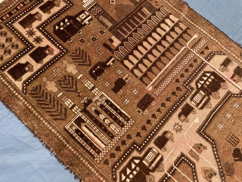 3×4.4 Ft Vintage Afghan Baluchi Rug, Handmade Wool Tribal Area Rug, Brown Geometric Carpet, Rustic Boho Decor