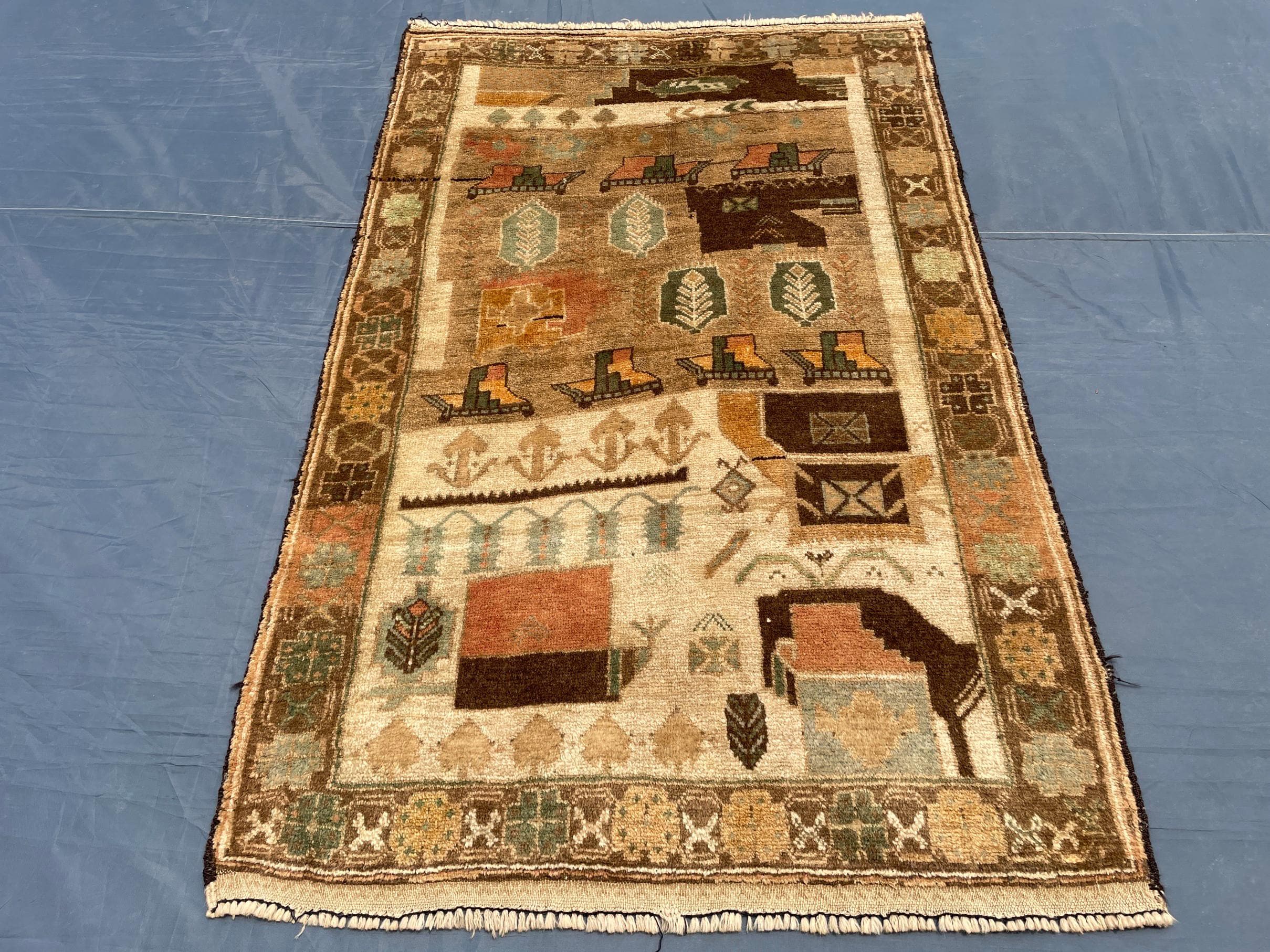 3x5 ft Handmade Wool Tribal Area Rug, Brown Geometric Carpet, Rustic Boho Decor - Antique Nomadic Home Accent