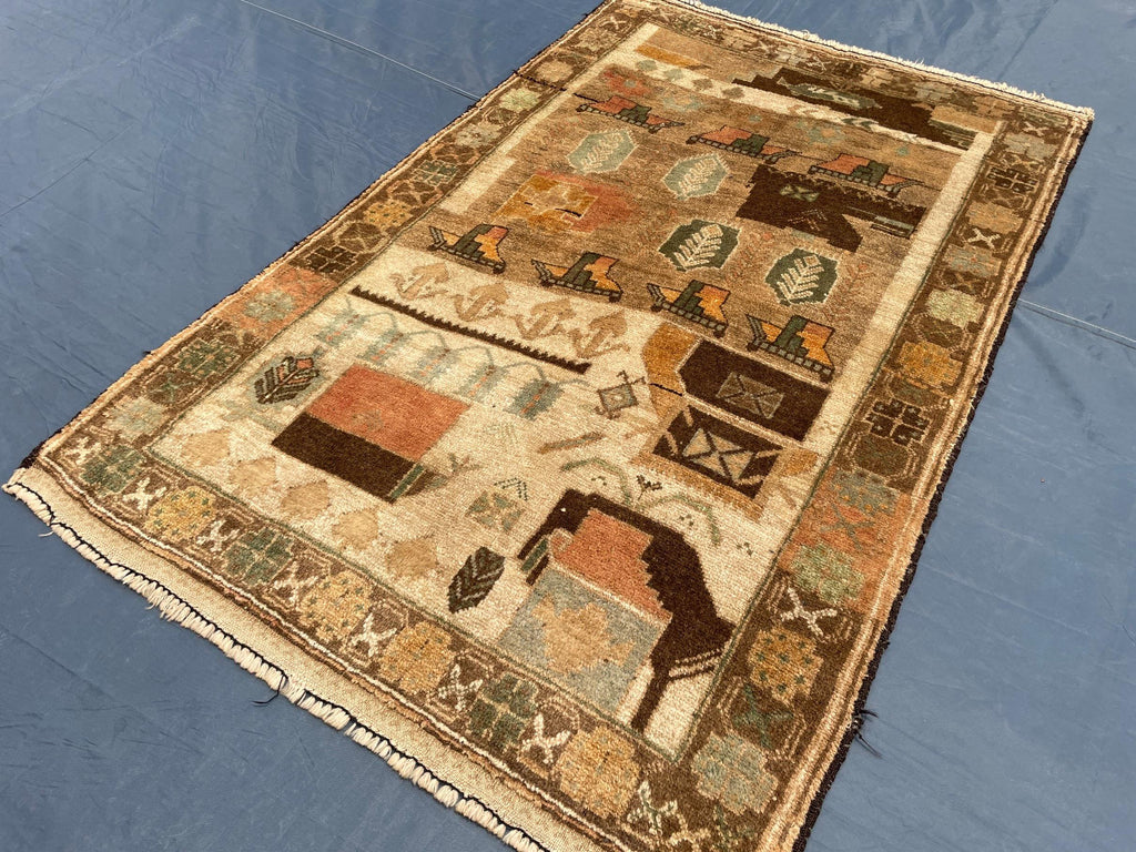 3x5 ft Handmade Wool Tribal Area Rug, Brown Geometric Carpet, Rustic Boho Decor - Antique Nomadic Home Accent