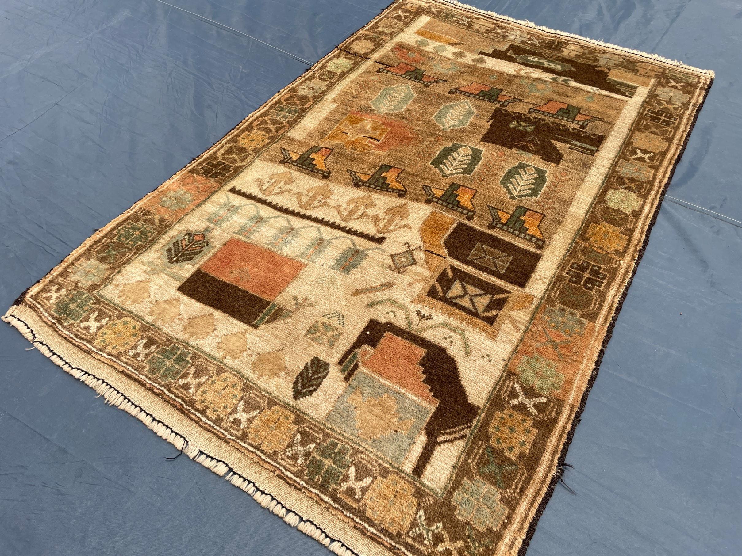 3x5 ft Handmade Wool Tribal Area Rug, Brown Geometric Carpet, Rustic Boho Decor - Antique Nomadic Home Accent