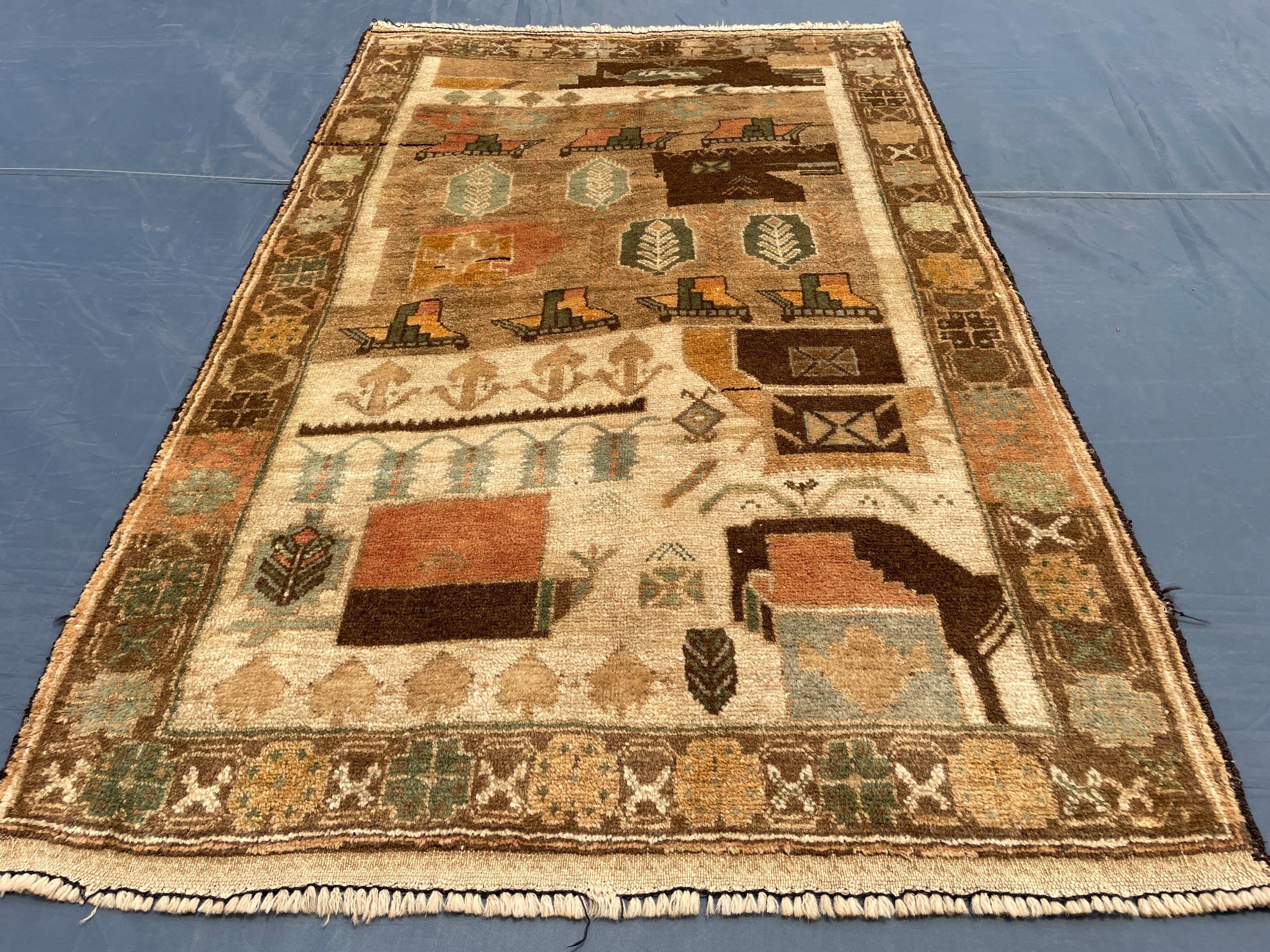 3x5 ft Handmade Wool Tribal Area Rug, Brown Geometric Carpet, Rustic Boho Decor - Antique Nomadic Home Accent