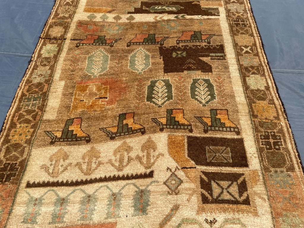 3x5 ft Handmade Wool Tribal Area Rug, Brown Geometric Carpet, Rustic Boho Decor - Antique Nomadic Home Accent