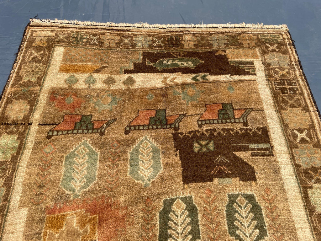 3x5 ft Handmade Wool Tribal Area Rug, Brown Geometric Carpet, Rustic Boho Decor - Antique Nomadic Home Accent