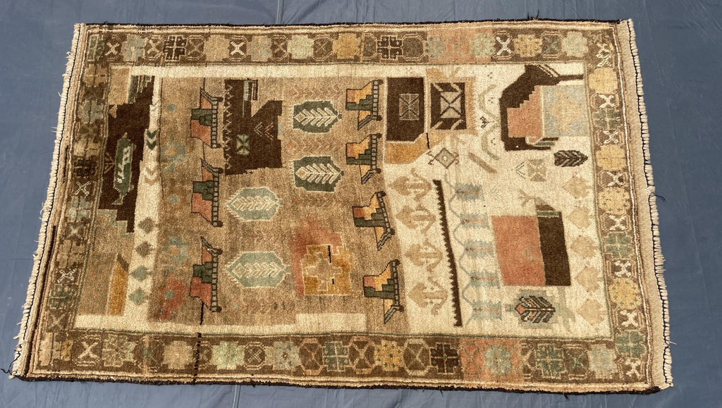 3x5 ft Handmade Wool Tribal Area Rug, Brown Geometric Carpet, Rustic Boho Decor - Antique Nomadic Home Accent