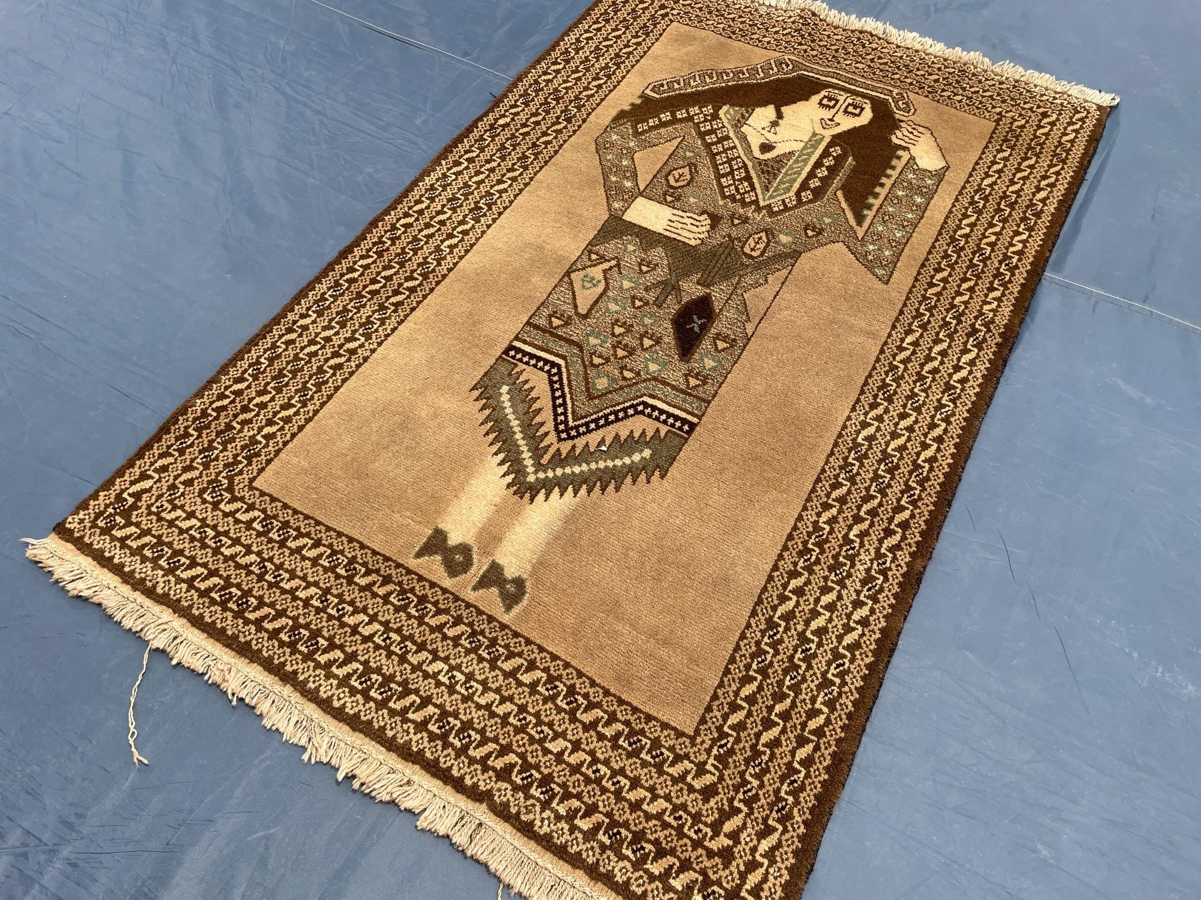 3×5 Ft Handmade Afghan Figure Rug, Vintage Wool Tribal Area Rug, Brown Pictorial Carpet