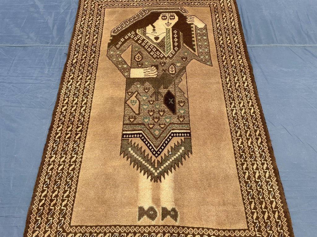 3×5 Ft Handmade Afghan Figure Rug, Vintage Wool Tribal Area Rug, Brown Pictorial Carpet