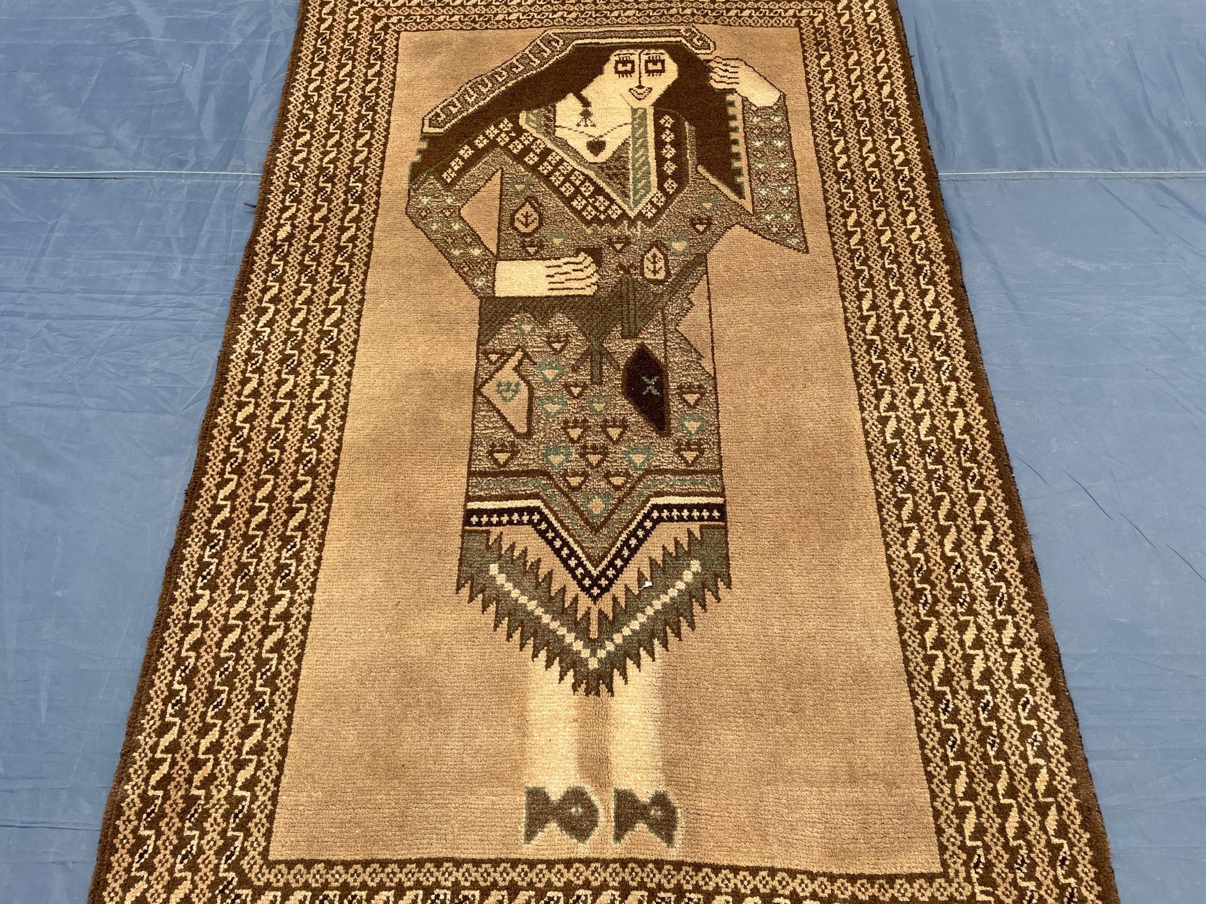 3×5 Ft Handmade Afghan Figure Rug, Vintage Wool Tribal Area Rug, Brown Pictorial Carpet