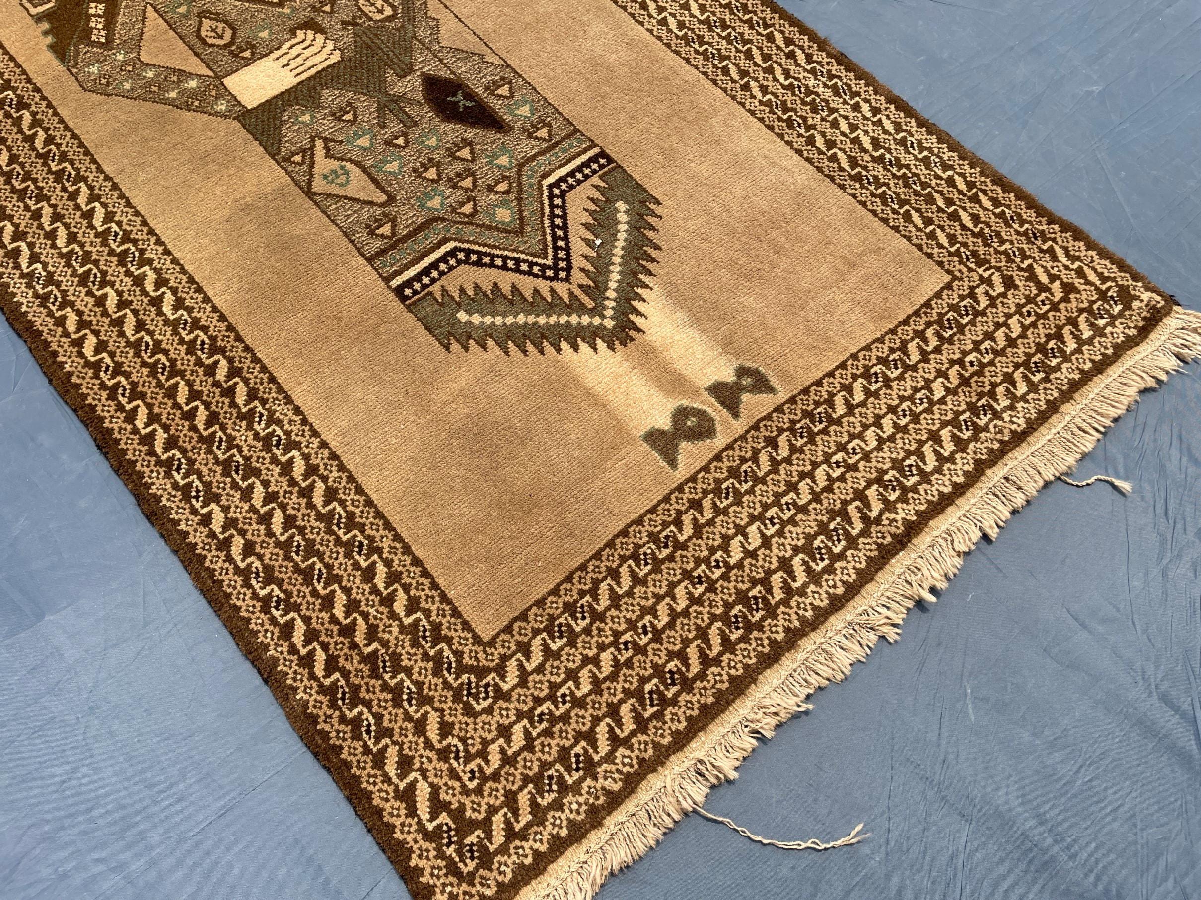 3×5 Ft Handmade Afghan Figure Rug, Vintage Wool Tribal Area Rug, Brown Pictorial Carpet