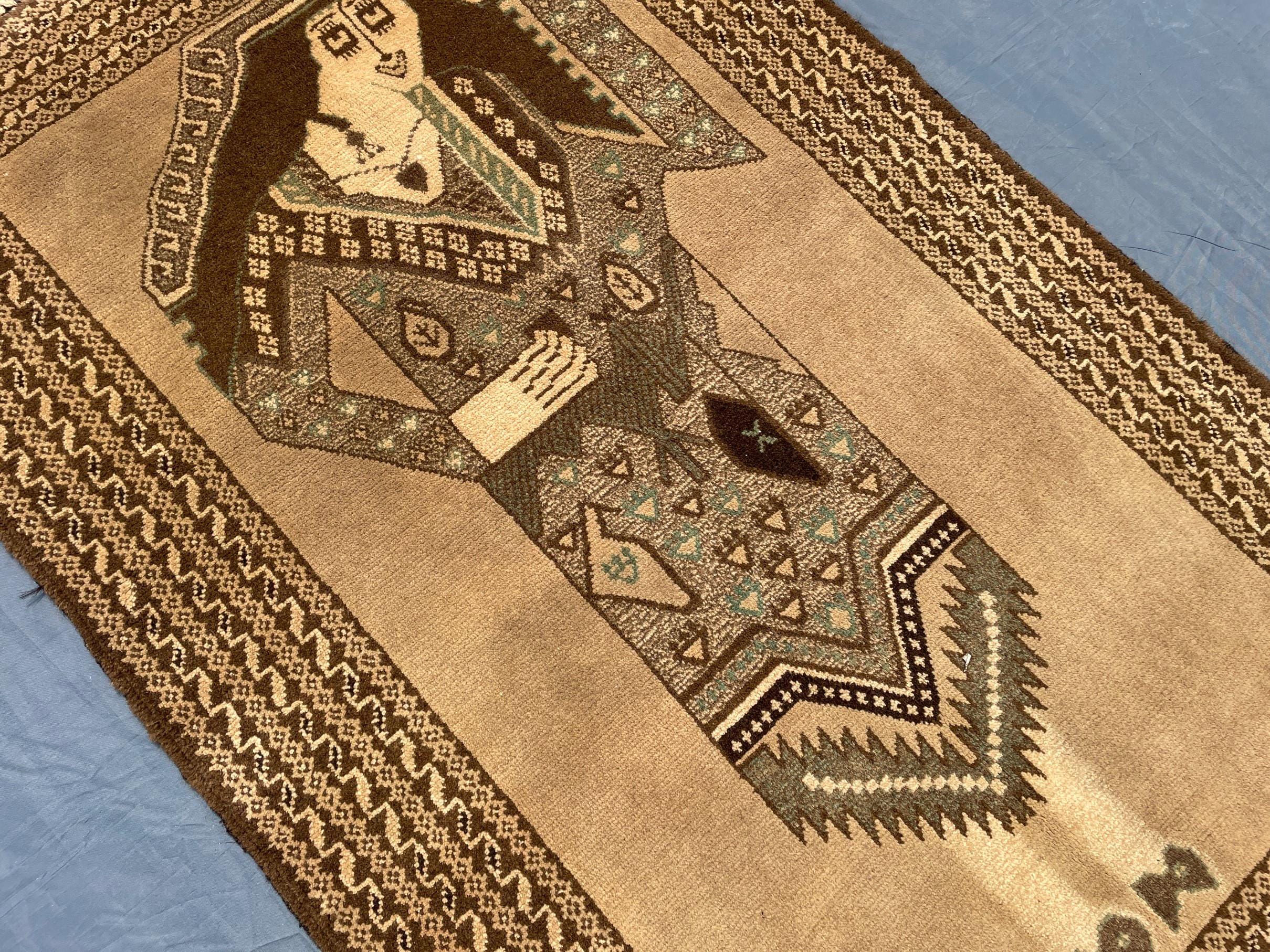 3×5 Ft Handmade Afghan Figure Rug, Vintage Wool Tribal Area Rug, Brown Pictorial Carpet
