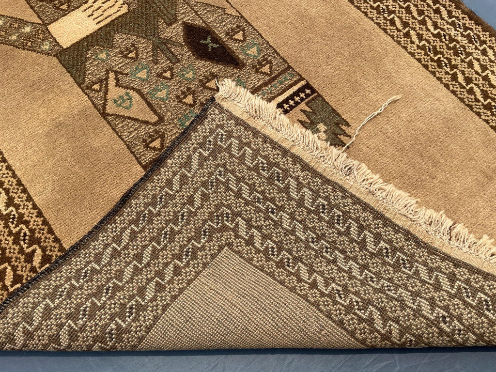 3×5 Ft Handmade Afghan Figure Rug, Vintage Wool Tribal Area Rug, Brown Pictorial Carpet