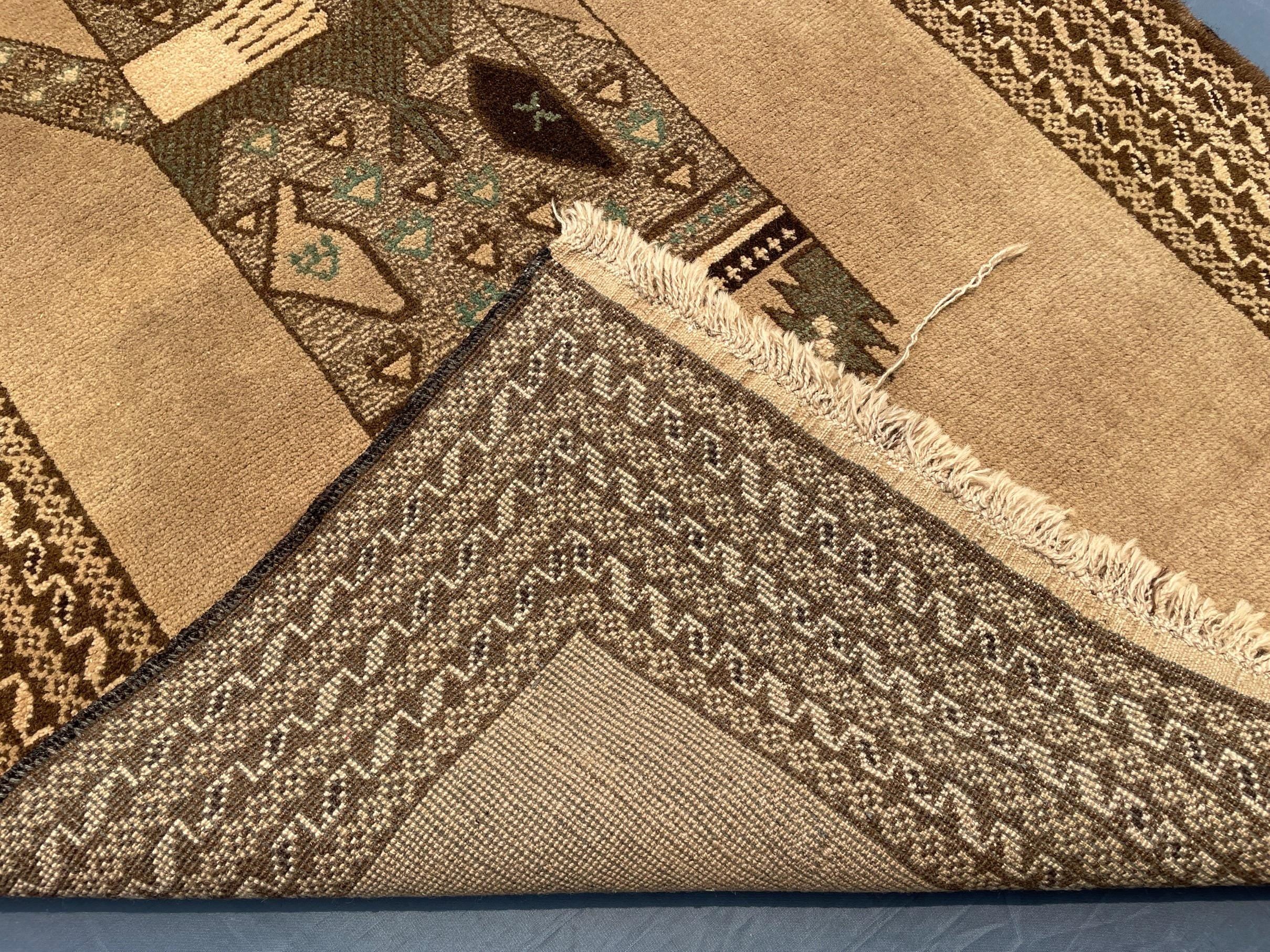 3×5 Ft Handmade Afghan Figure Rug, Vintage Wool Tribal Area Rug, Brown Pictorial Carpet