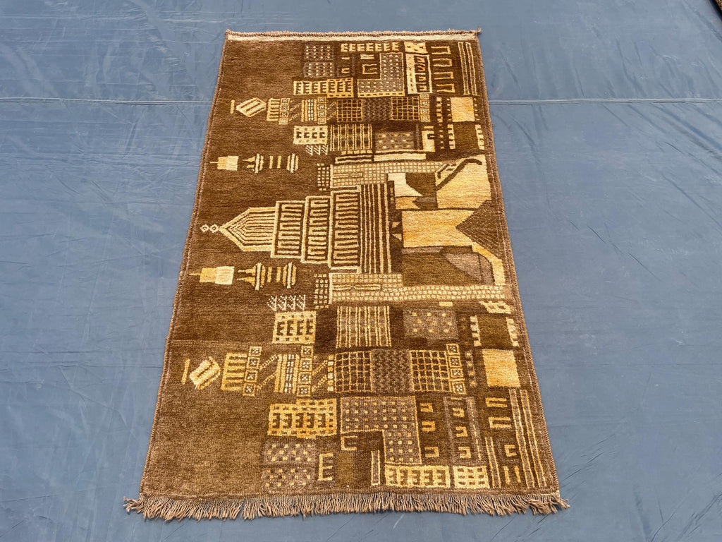 Vintage Handmade Brown Wool Rug 3x5 ft - Wall Hanging Pictorial Rug