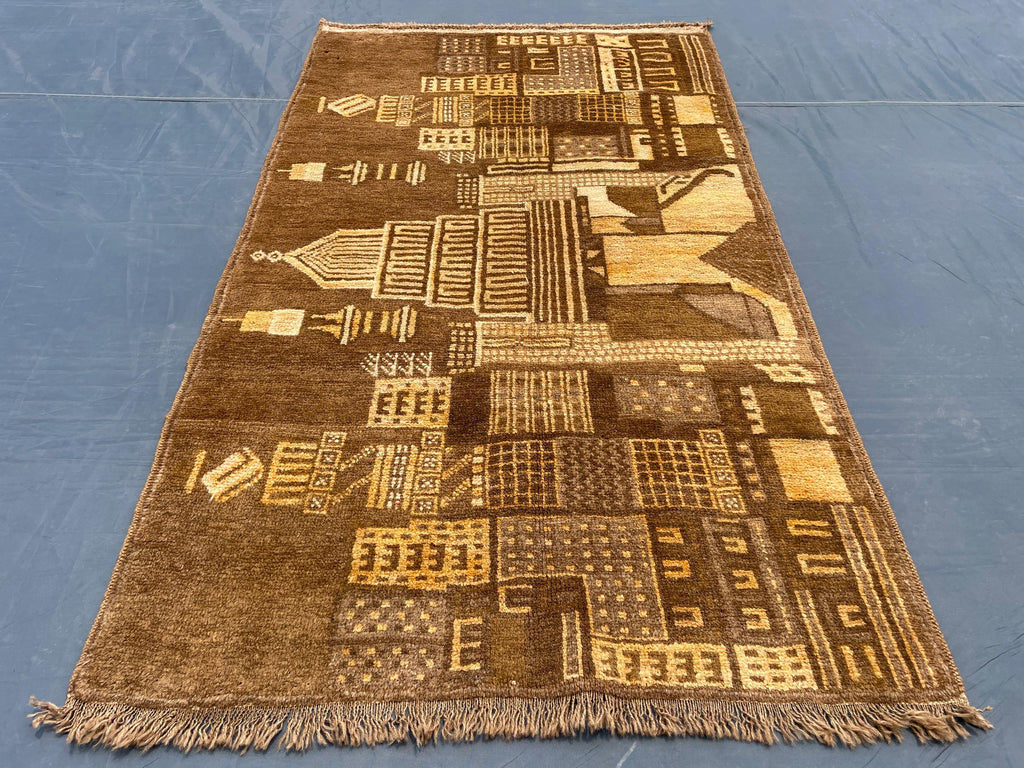 Vintage Handmade Brown Wool Rug 3x5 ft - Wall Hanging Pictorial Rug