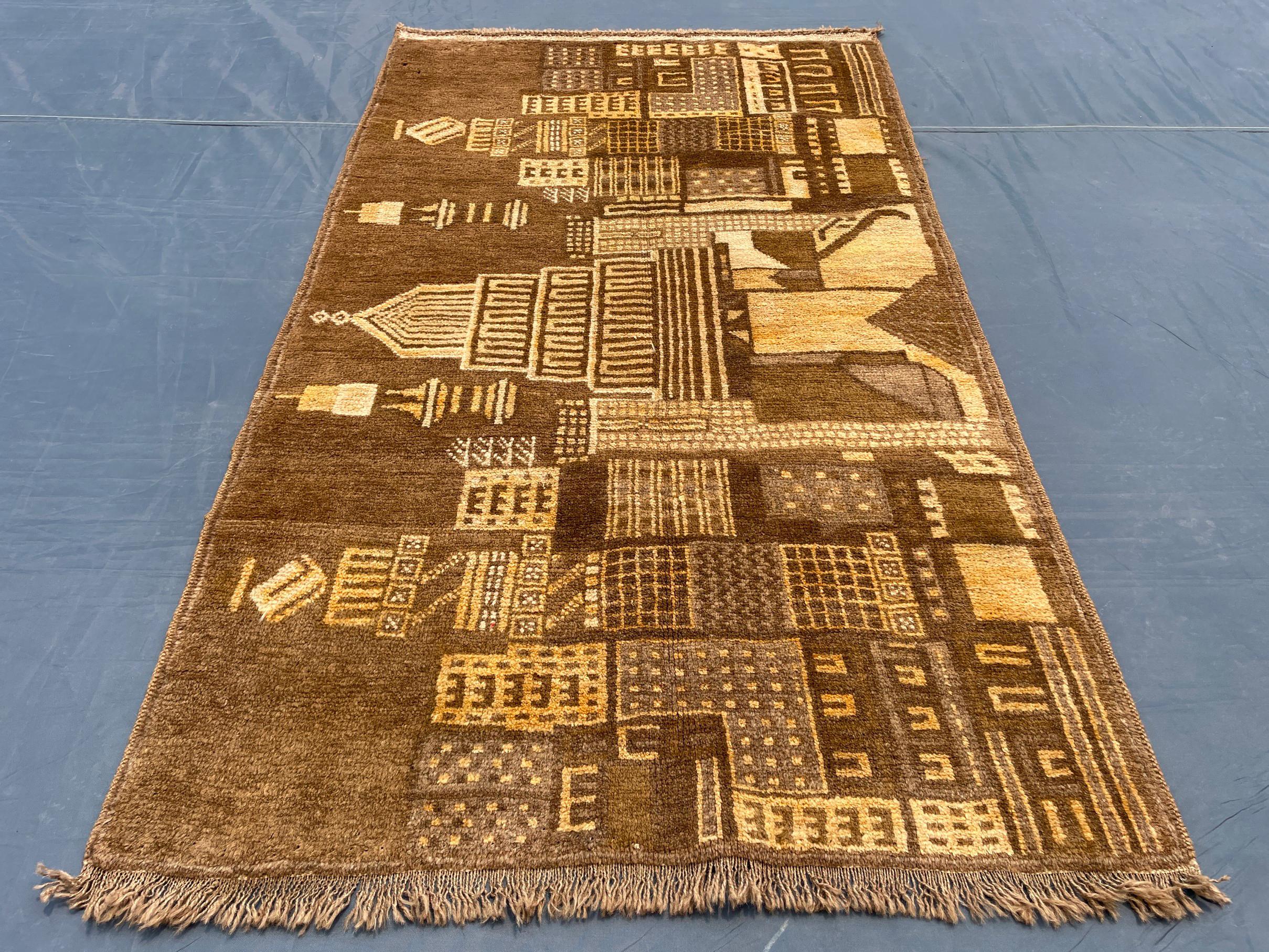 Vintage Handmade Brown Wool Rug 3x5 ft - Wall Hanging Pictorial Rug