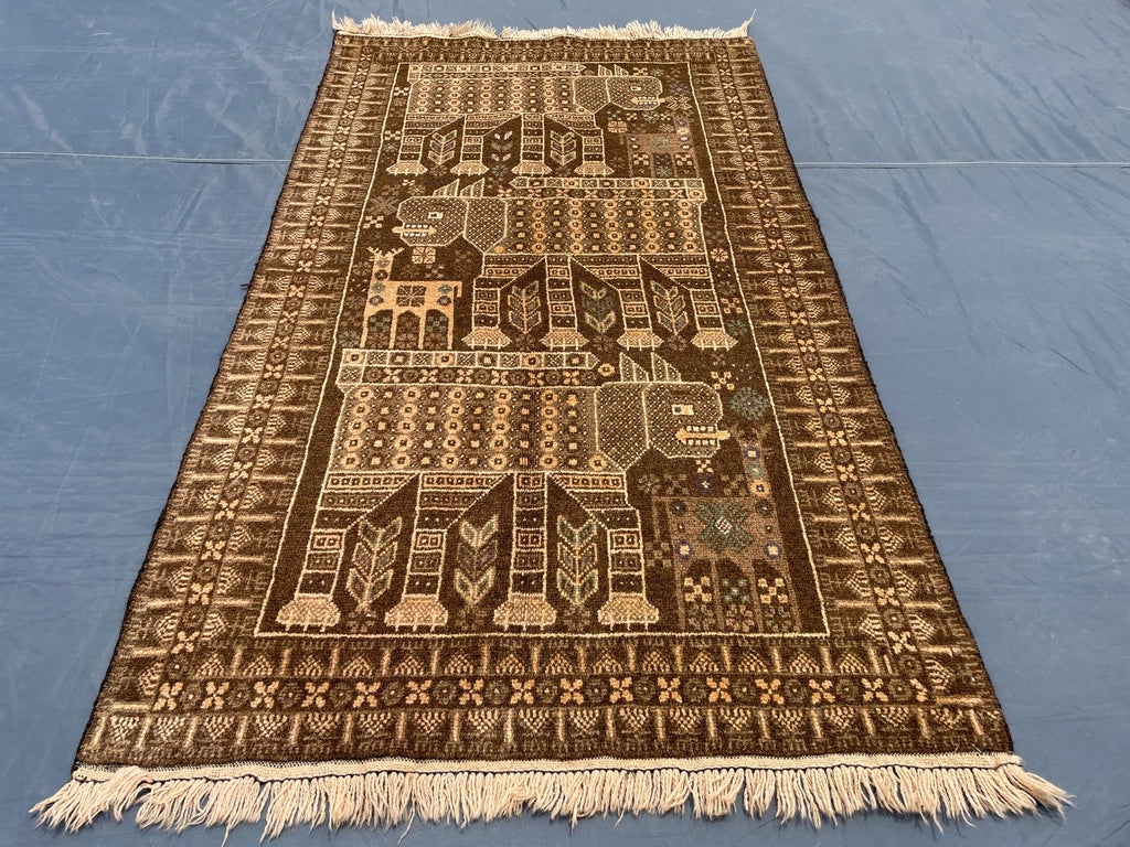 Vintage Pictorial Baluchi Handmade Wool Tribal Carpet - Rug for Living Room - 3x5 ft