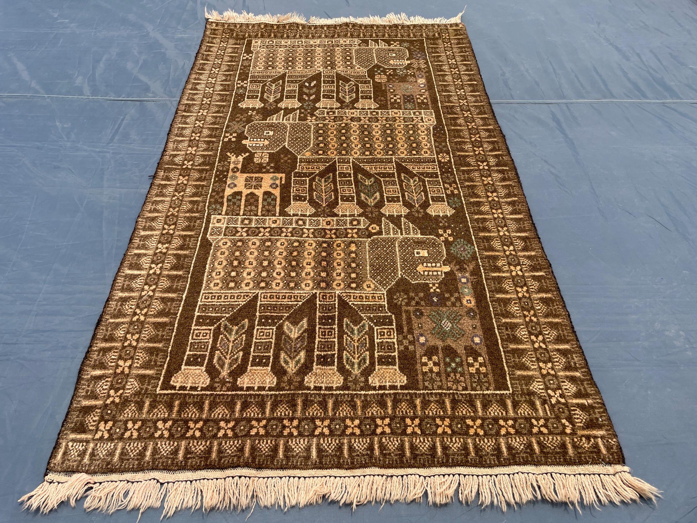 Vintage Pictorial Baluchi Handmade Wool Tribal Carpet - Rug for Living Room - 3x5 ft