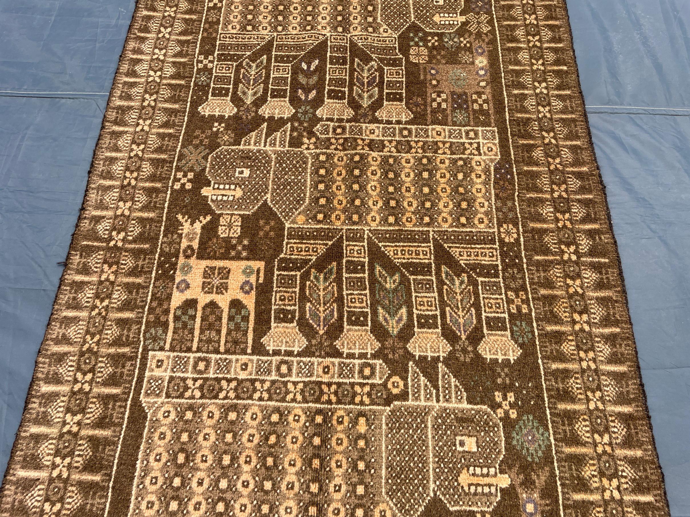 Vintage Pictorial Baluchi Handmade Wool Tribal Carpet - Rug for Living Room - 3x5 ft