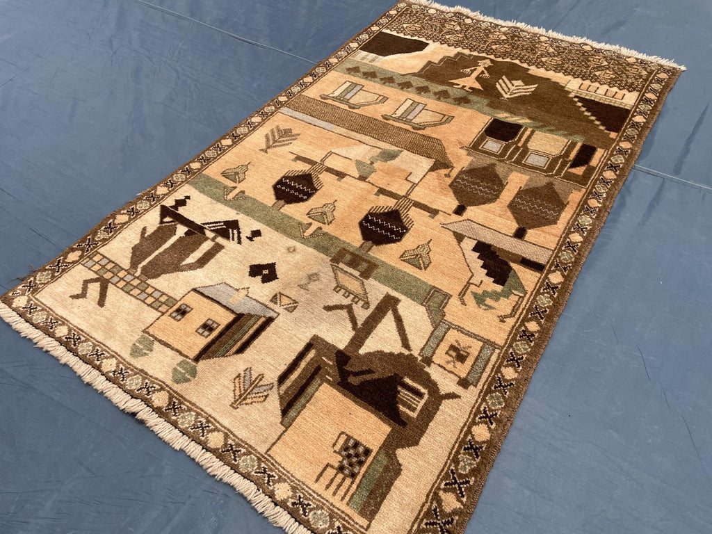 Afghan Vintage Baluchi Pictorial Wool Tribal Rug - 3x5 ft Area Carpet for Bedroom