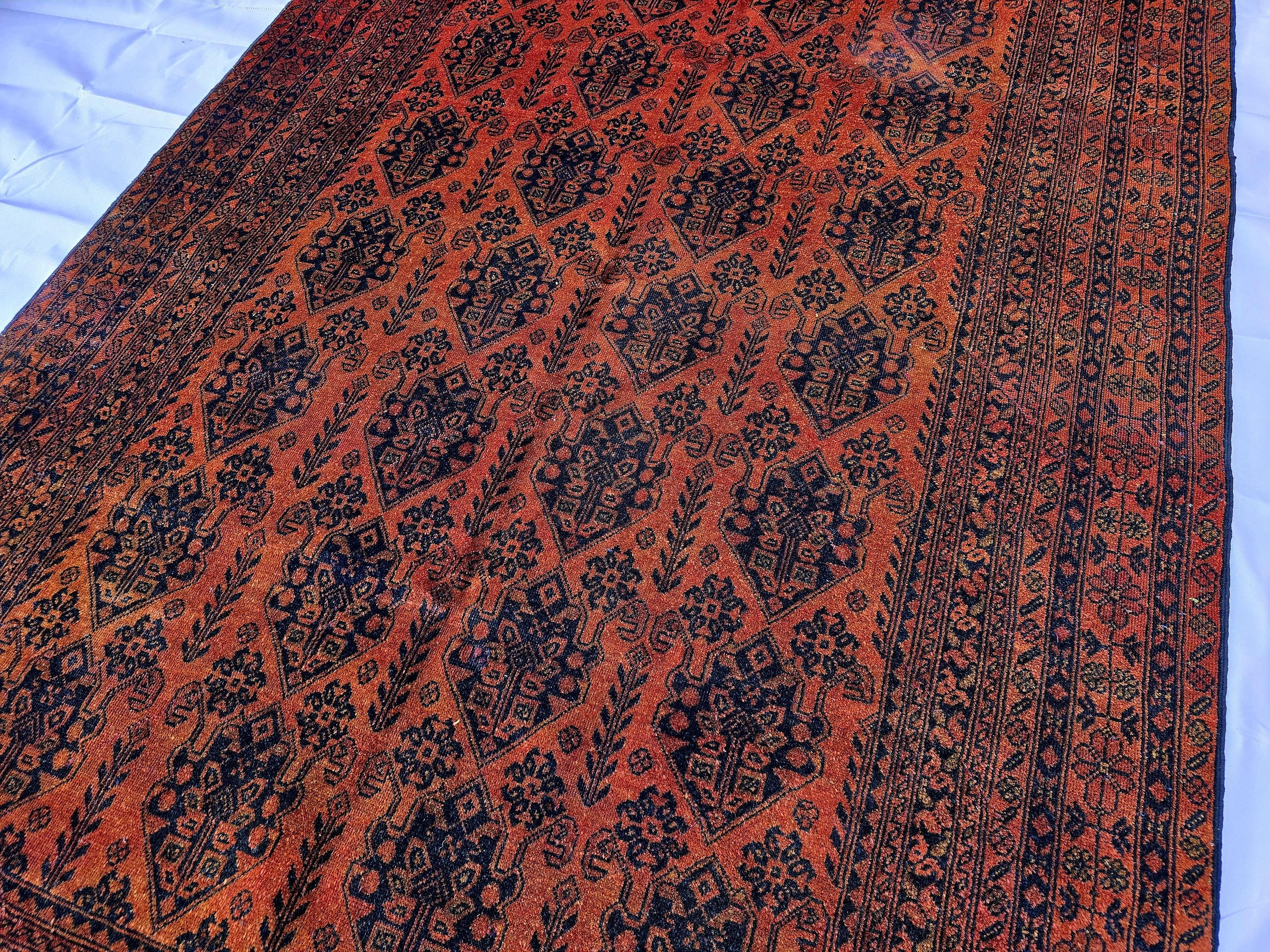 Rust Red Brown Vintage Afghan Area Rug 6.6×9.7 ft, Hand Knotted Wool Oriental Carpet