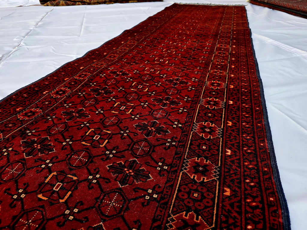 3x13 ft, Handmade Wool Rug, Traditional Tribal Runner, Red Oriental Hallway Rug, Long Narrow Boho Carpet, Geometric Rug