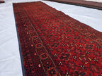 3x13 ft, Handmade Wool Rug, Traditional Tribal Runner, Red Oriental Hallway Rug, Long Narrow Boho Carpet, Geometric Rug