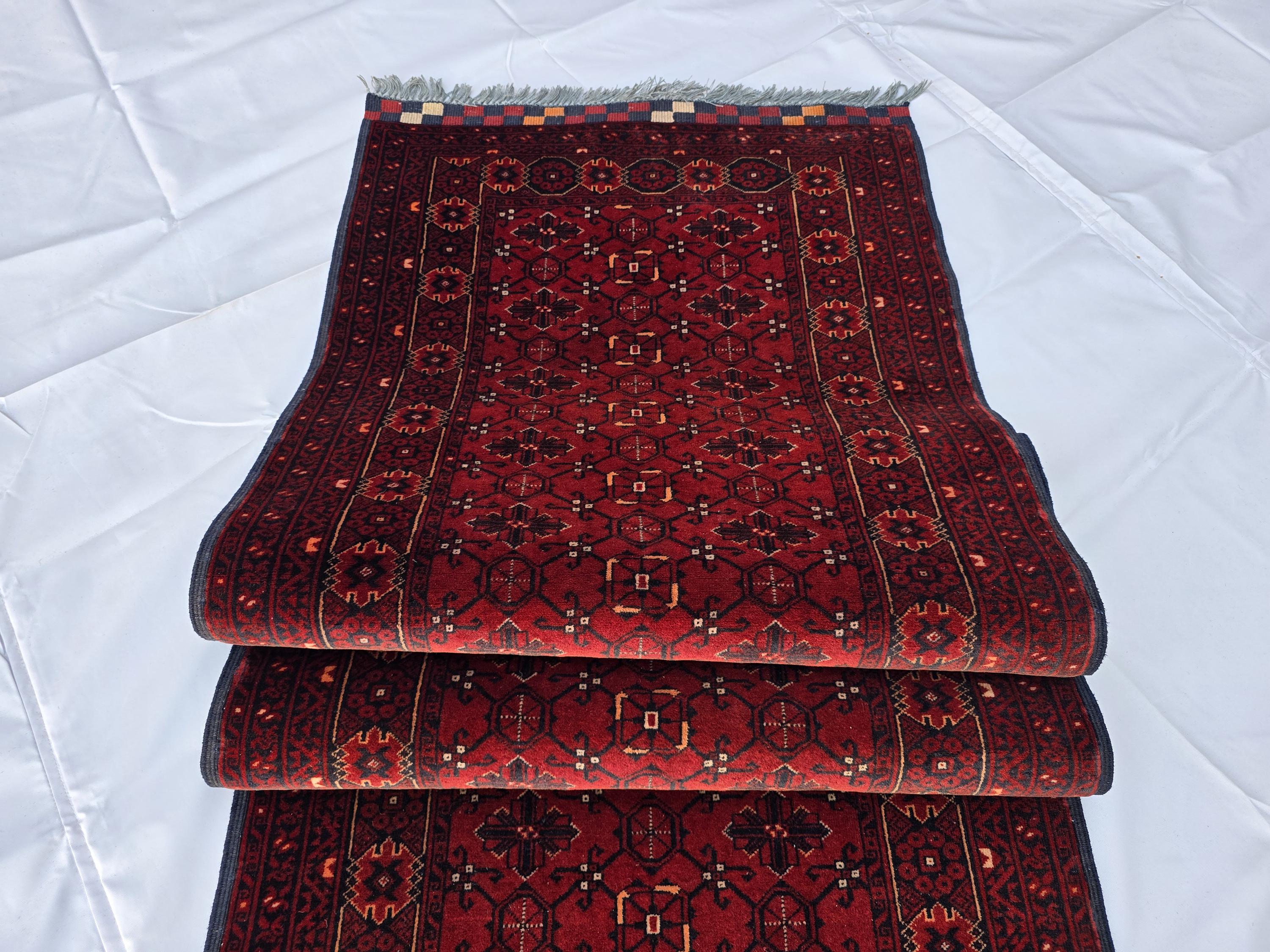 3x13 ft, Handmade Wool Rug, Traditional Tribal Runner, Red Oriental Hallway Rug, Long Narrow Boho Carpet, Geometric Rug