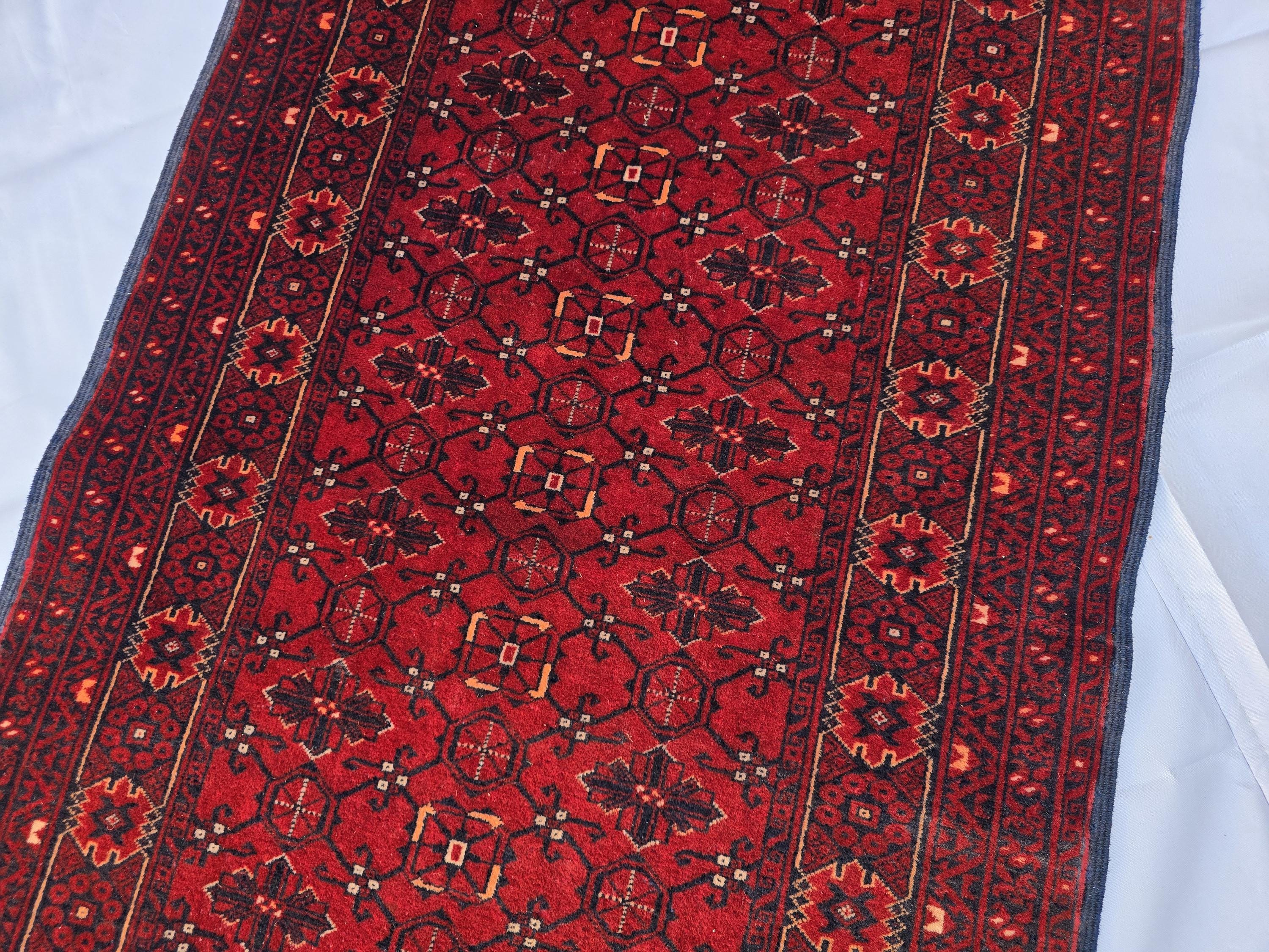 3x13 ft, Handmade Wool Rug, Traditional Tribal Runner, Red Oriental Hallway Rug, Long Narrow Boho Carpet, Geometric Rug