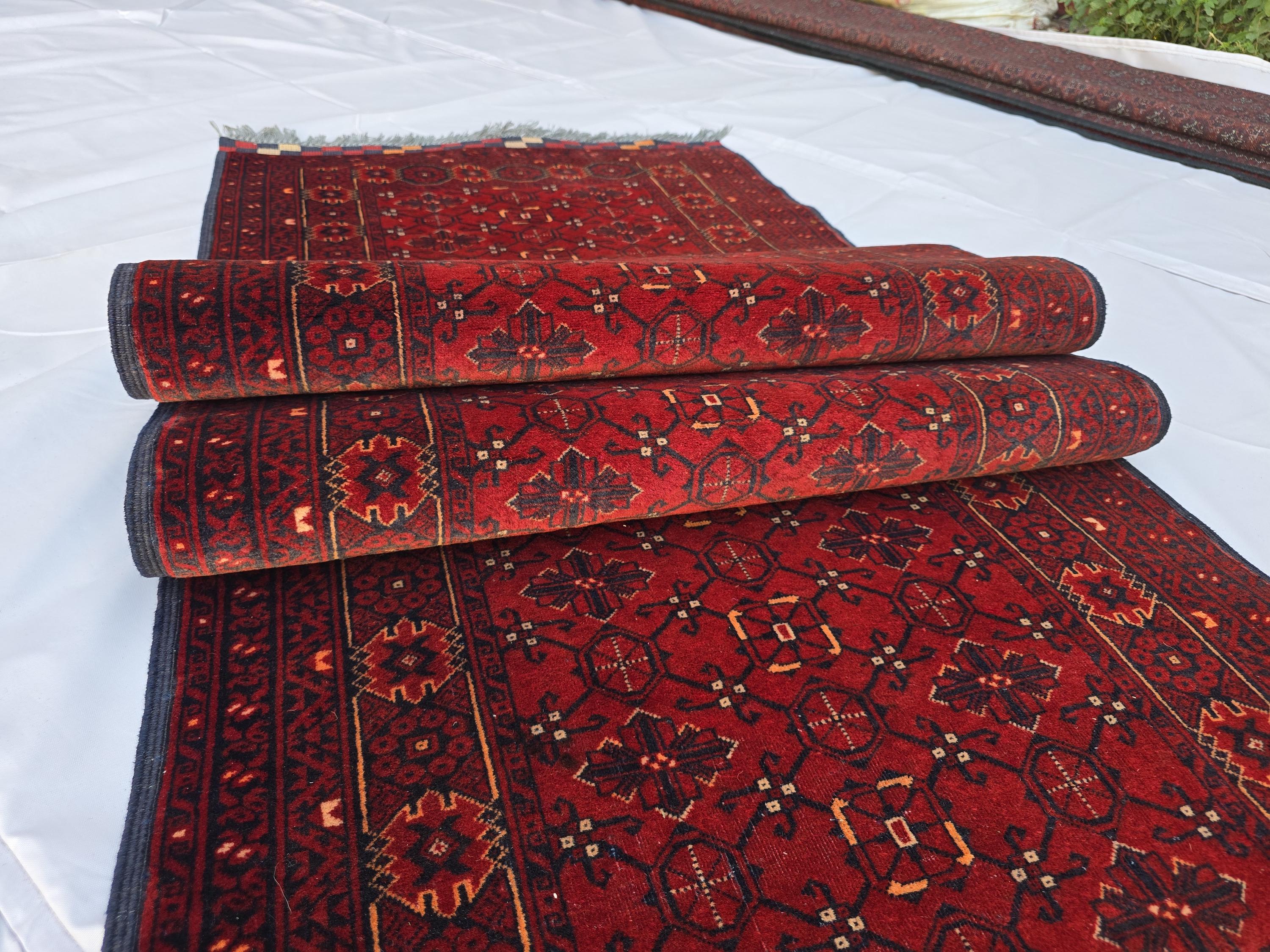 3x13 ft, Handmade Wool Rug, Traditional Tribal Runner, Red Oriental Hallway Rug, Long Narrow Boho Carpet, Geometric Rug