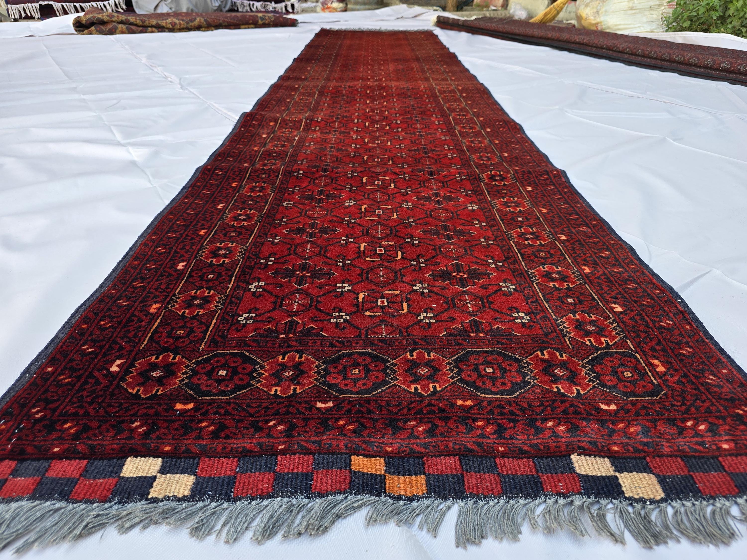 3x13 ft, Handmade Wool Rug, Traditional Tribal Runner, Red Oriental Hallway Rug, Long Narrow Boho Carpet, Geometric Rug