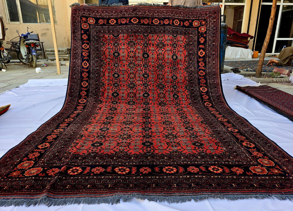 Vintage Afghan Handmade Rug 7x9 ft – Red Black Oriental Wool Area Rug