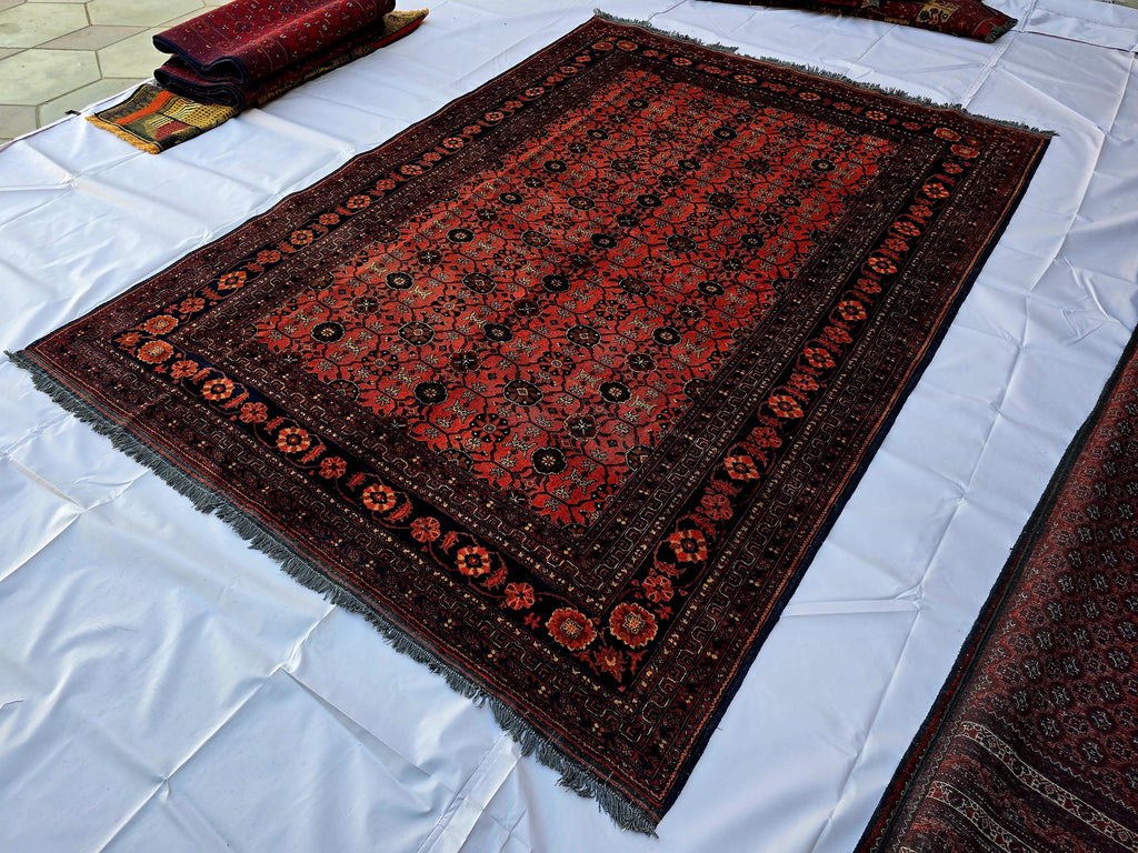 Vintage Afghan Handmade Rug 7x9 ft – Red Black Oriental Wool Area Rug