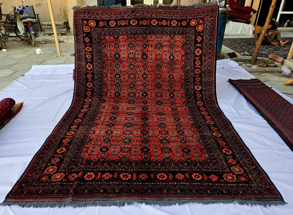 Vintage Afghan Handmade Rug 7x9 ft – Red Black Oriental Wool Area Rug