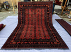 Vintage Afghan Handmade Rug 7x9 ft – Red Black Oriental Wool Area Rug