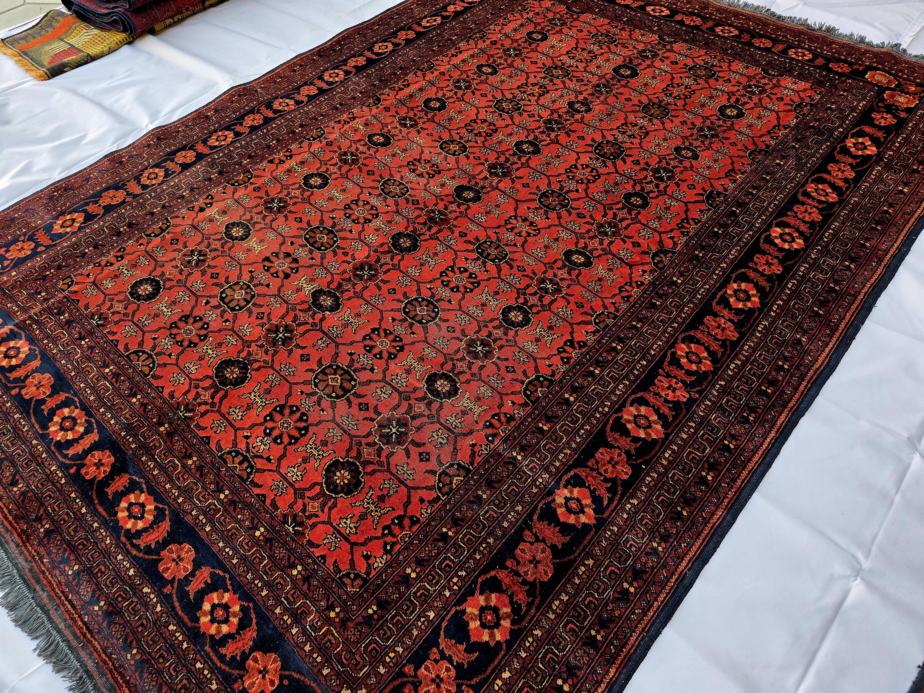 Vintage Afghan Handmade Rug 7x9 ft – Red Black Oriental Wool Area Rug