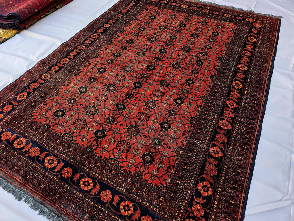 Vintage Afghan Handmade Rug 7x9 ft – Red Black Oriental Wool Area Rug