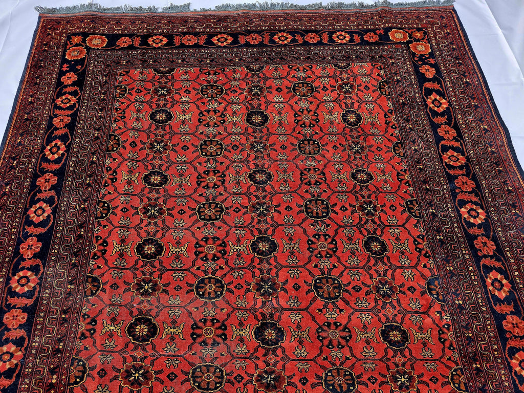 Vintage Afghan Handmade Rug 7x9 ft – Red Black Oriental Wool Area Rug