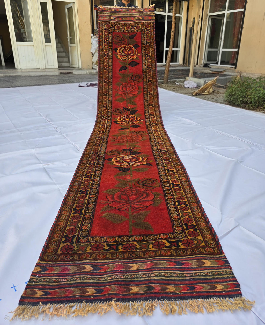 Vintage Afghan Handmade Rose Runner Rug 2.6×12.6 ft, Traditional Tribal Hallway Rug, Long Narrow Oriental Carpet