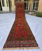 Vintage Afghan Handmade Rose Runner Rug 2.6×12.6 ft, Traditional Tribal Hallway Rug, Long Narrow Oriental Carpet