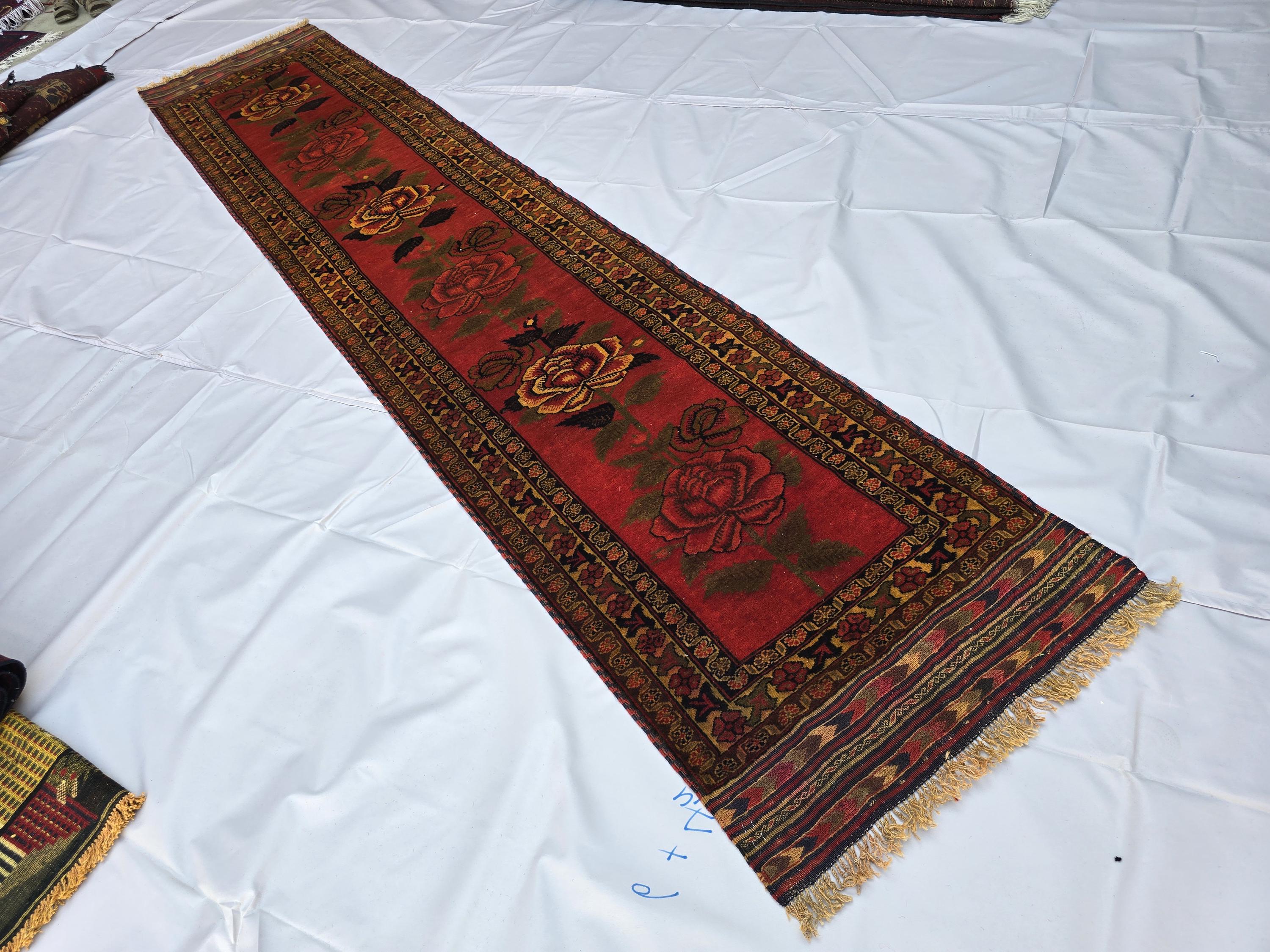 Vintage Afghan Handmade Rose Runner Rug 2.6×12.6 ft, Traditional Tribal Hallway Rug, Long Narrow Oriental Carpet