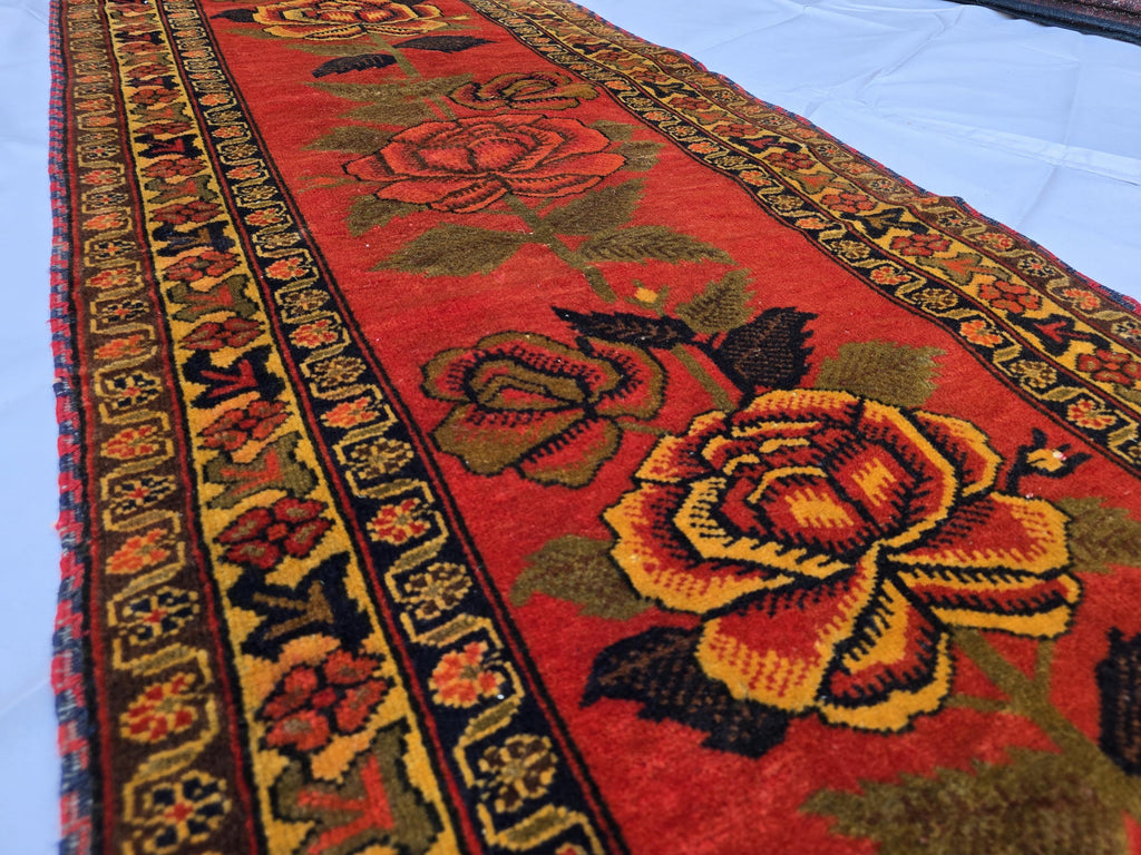 Vintage Afghan Handmade Rose Runner Rug 2.6×12.6 ft, Traditional Tribal Hallway Rug, Long Narrow Oriental Carpet