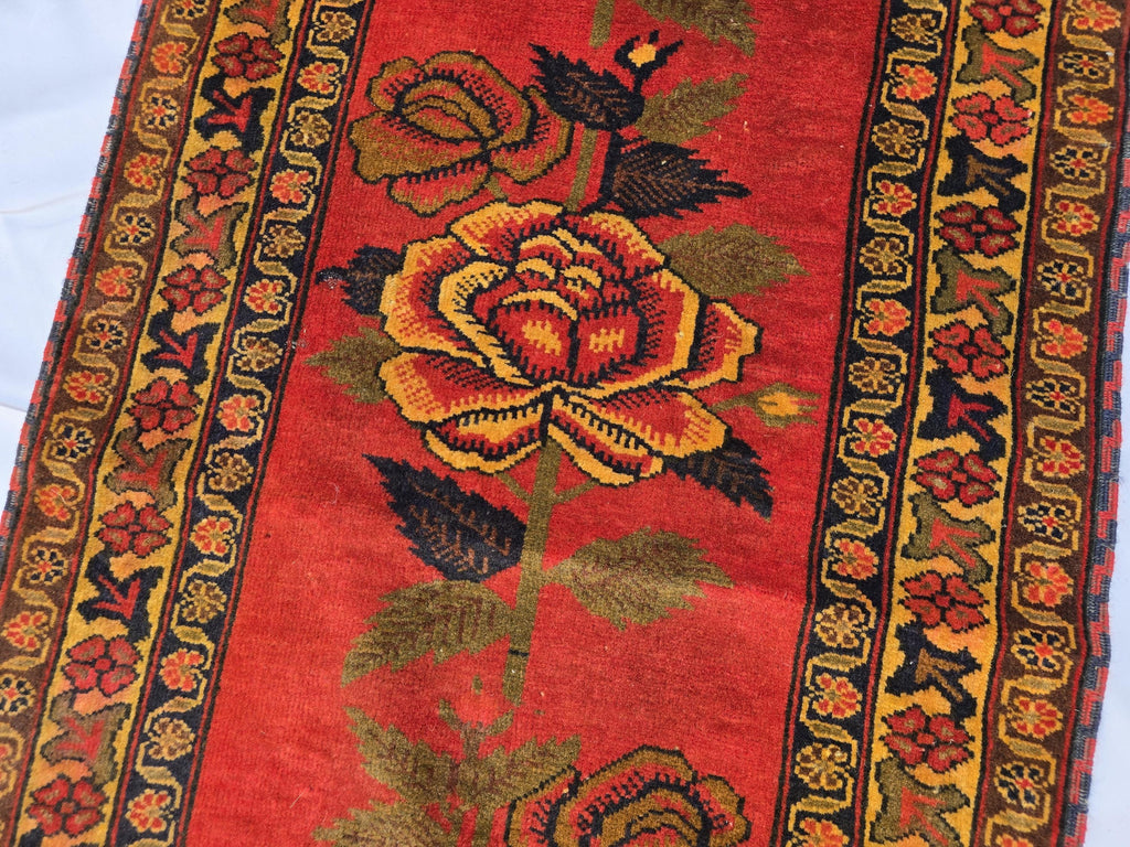 Vintage Afghan Handmade Rose Runner Rug 2.6×12.6 ft, Traditional Tribal Hallway Rug, Long Narrow Oriental Carpet