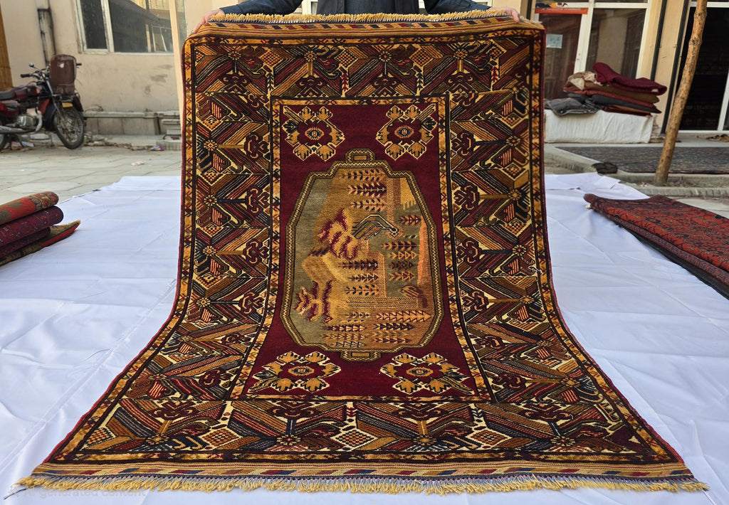 Vintage Afghan Handmade Rug 4x6 ft | Tribal Geometric Wool Carpet | Turkmen Style Oriental Area Rug