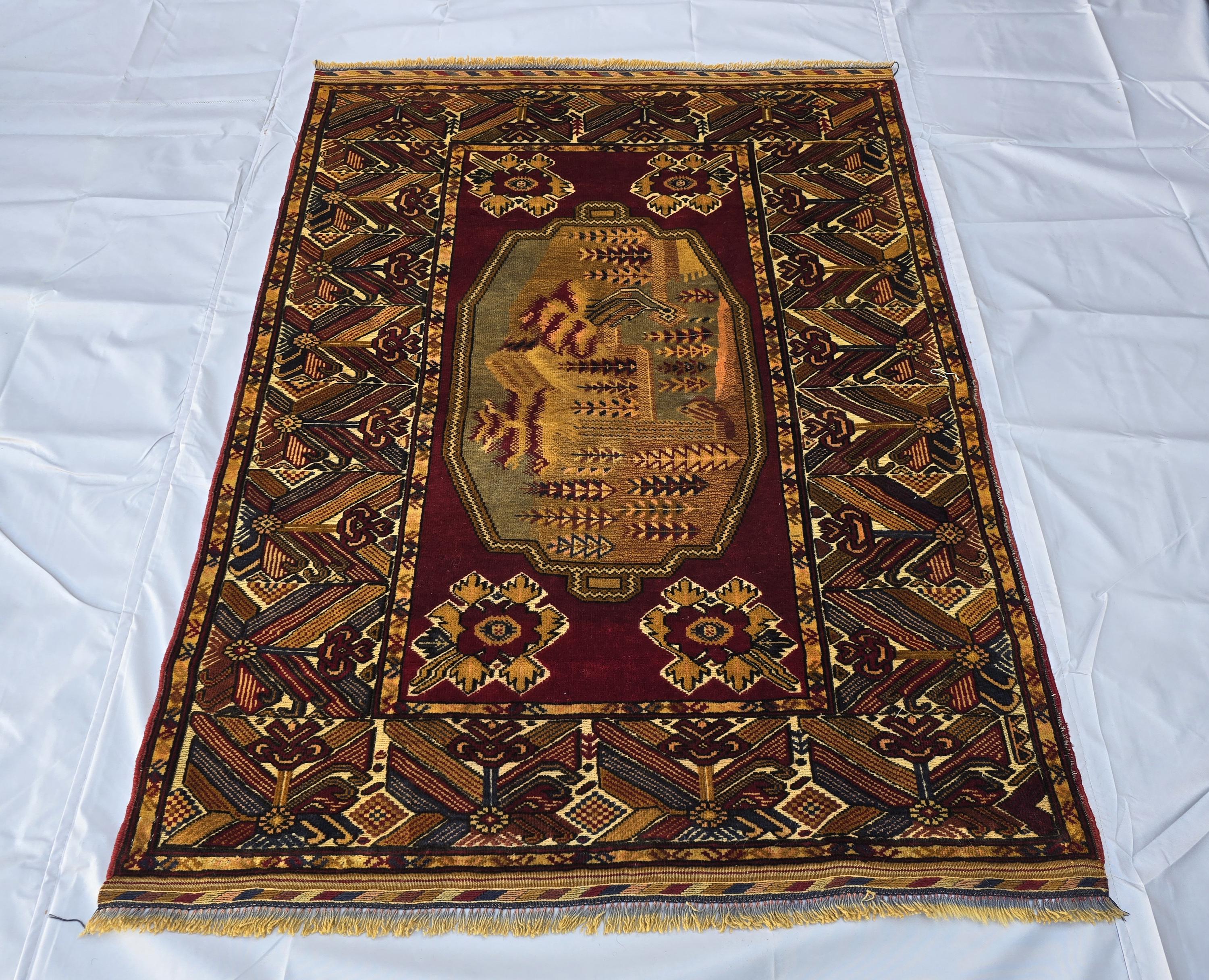 Vintage Afghan Handmade Rug 4x6 ft | Tribal Geometric Wool Carpet | Turkmen Style Oriental Area Rug